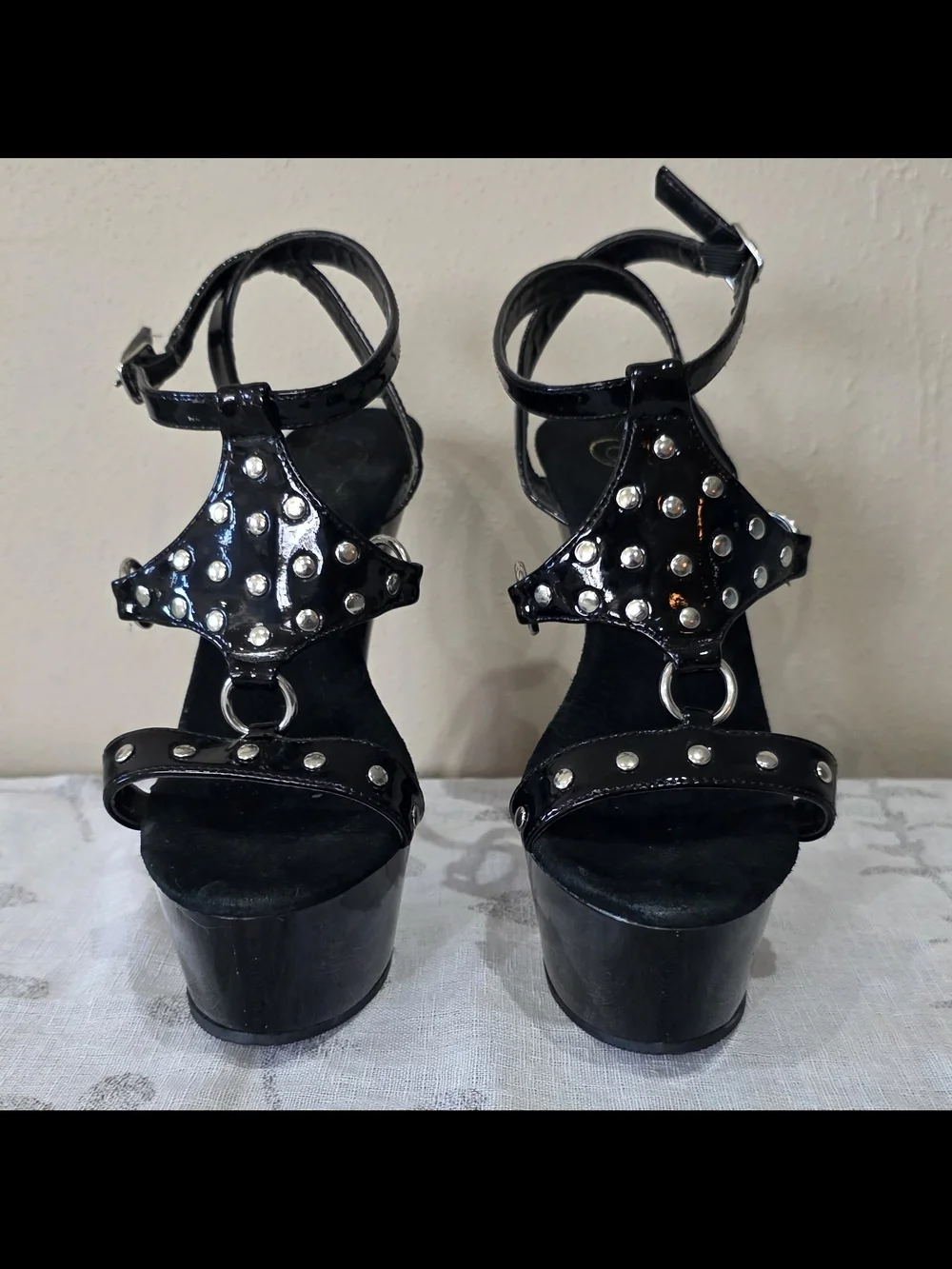 Pleaser Black Patent Platform Stiletto Heels with Stud Accents - Picture 2 of 8